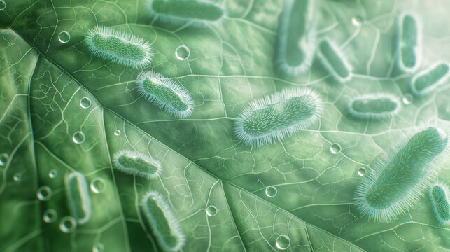 Close-Up of Microscopic Bacteria on a Green Leaf Surface in Vivid Detail