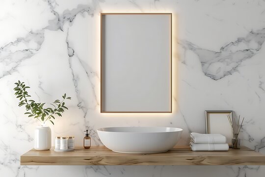 : Luxury bathroom, marble tiles, floating shelf with picture frame mockup