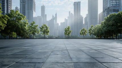 Tall buildings and a gray paved area in the city
