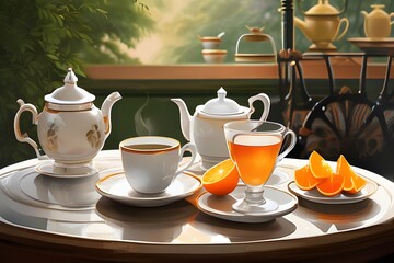 Cozy café scene with table set for afternoon tea, featuring steaming cup of orange oolong tea. - obrazy, fototapety, plakaty