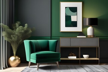 Green chair and side table in contemporary living room with plush gray armchair against deep green accent wall.