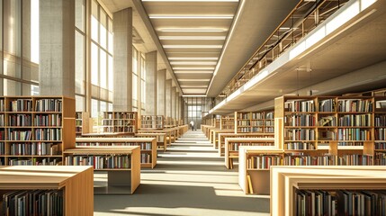 Modern library interior with rows of books, large windows, and tranquil study atmosphere. Resplendent. - obrazy, fototapety, plakaty