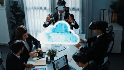 Skilled manager using VR glass to connect cloud data storage server with hologram of big data and...