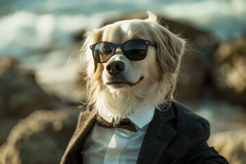 Business dog in black suit and sunglasses, stylishly dressed cute dog