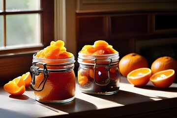 Two jars of oranges on a window sill in a cozy kitchen counter, surrounded by homemade candied dried tangerine peel.