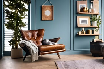  A modern living room with a green wall, a chair in front of a window, and a fireplace.