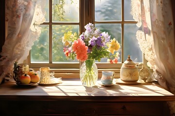 A delicate arrangement of flowers in a vintage vase on a cozy kitchen wood table near a window.