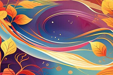 Colorful autumn-themed abstract background with swirling organic shapes and leaves.