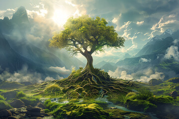 A majestic tree with roots reaching down into the earth, standing under a cloudy sky, surrounded by lush greenery and distant mountains. Digital art style. - obrazy, fototapety, plakaty