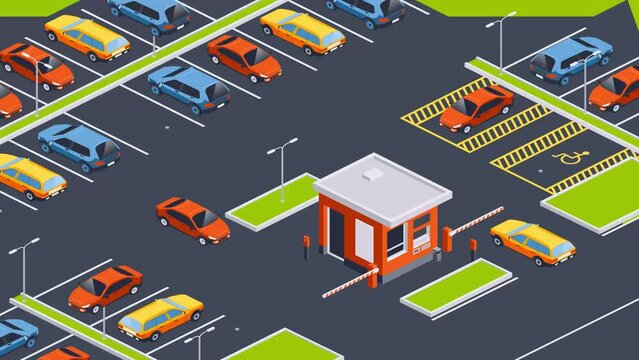 Car parking lot, cars pull out, barrier rises, day replaces night. Animation in isometry