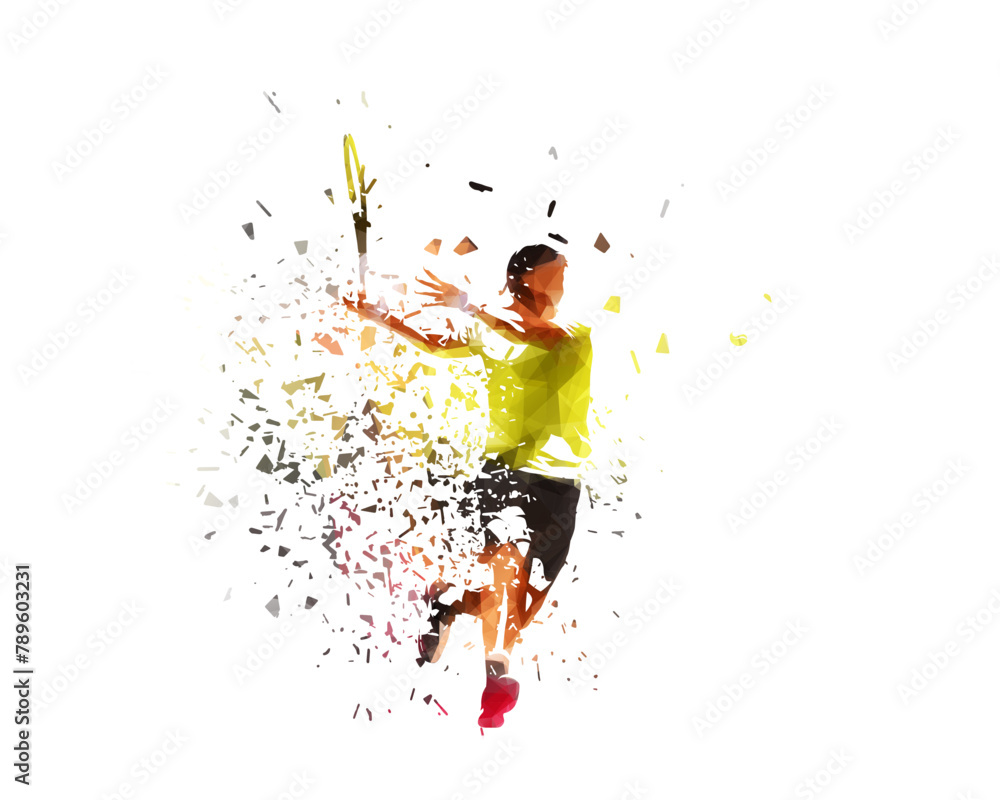 Wall mural tennis player, forehand shot, isolated low poly vector illustration with shatter effect