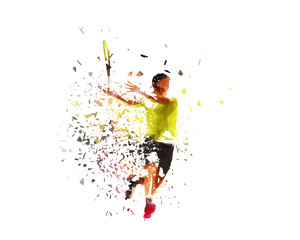 Tennis player, forehand shot, isolated low poly vector illustration with shatter effect