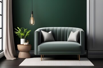 . A cozy living room with a gray armchair against a dark green wall, inviting ambiance.