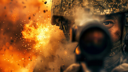 Tension in the battlefield: Sniper soldier and bomb in the foreground. - 789603259