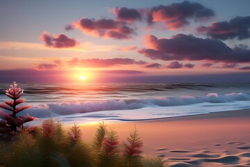 1. A serene beach at sunset with gentle waves, featuring a small Christmas tree decorated with seashells on the sandy shore.