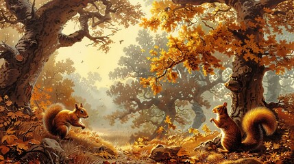 Nostalgic scene of squirrels scampering around oak trees in an autumn forest