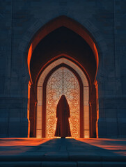 Veiled woman looking out of a delicately ornamented stained glass window with the sun shining through the window and illuminating the arch of the mosque