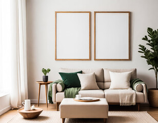 A paper size ISO frame mockup, Living room wall poster mockup, Interior house background mockup. Modern interior design in 3D rendering. Generative AI. V-2