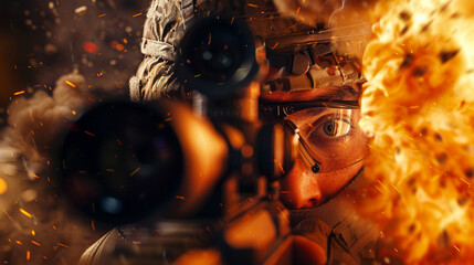 Focused Sight: Sniper soldier in action.