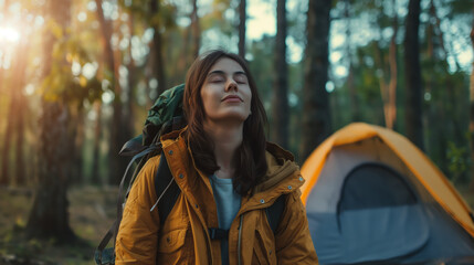 Young female tourist breathes fresh air at a campsite in the forest. - obrazy, fototapety, plakaty