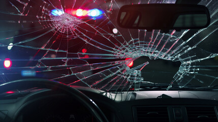 Broken windshield of a car after a traffic accident. The cracks in the glass are illuminated by the police light
