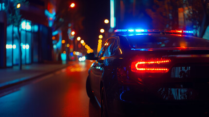 Police car on the street with Red and Blue flashing strobe light bar. Traffic in the background. - 789604424