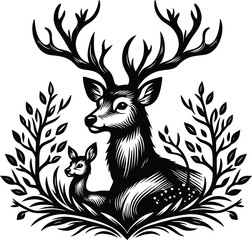 Horned elk deer head silhouette vector Illustration