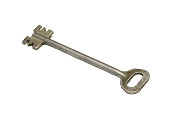 Closeup of a key, a tool made of nickel or steel, on a white background