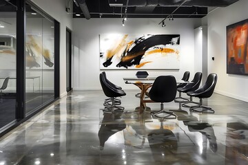 : Minimalist office interior with polished concrete floors, sleek black furniture, and abstract art on the walls.