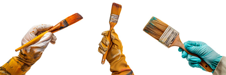 Set of brushes in a gloved hand isolated on a white or transparent background. Close-up of a brushes in hand, front view. Home renovation, artistic creativity. Graphic design element.