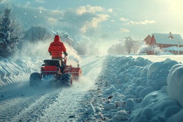A snow removal vehicle works diligently to clear a road lined with snowdrifts under a bright winter sky