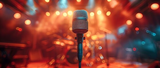 Pro Mic at the Heart of the Concert Stage. Concept Professional Audio Equipment, Live Music Performance, Center Stage Spotlight, Concert Sound System - obrazy, fototapety, plakaty
