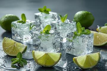 Bright and fresh limes and mint leaves on glistening ice cubes, embodying refreshment and coolness