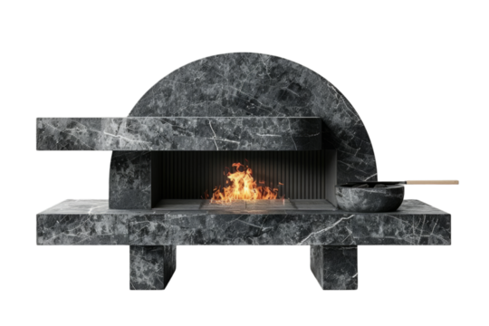 Marble stone pizza oven with active flame and cooking paddle, isolated on Transparent background. Elegant outdoor cooking concept. Design for luxury patio brochure, high-end stone oven catalog
