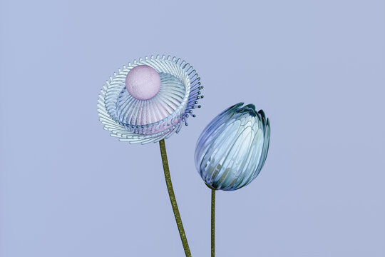 Elegant Isolated Glass Flowers Bloom Against a Soft Blue