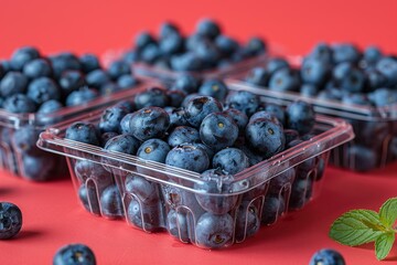 Several clear plastic containers filled with ripe blueberries showcased against a bold red background, suggesting freshness and vitality