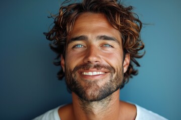 Close up of a man with striking blue eyes and beard smiling softly against a blue backdrop