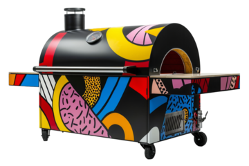 Colorful pop art-style pizza oven on wheels with vibrant abstract design, isolated on white background. Fun outdoor cooking concept. Design for food festival poster, mobile catering equipment catalog