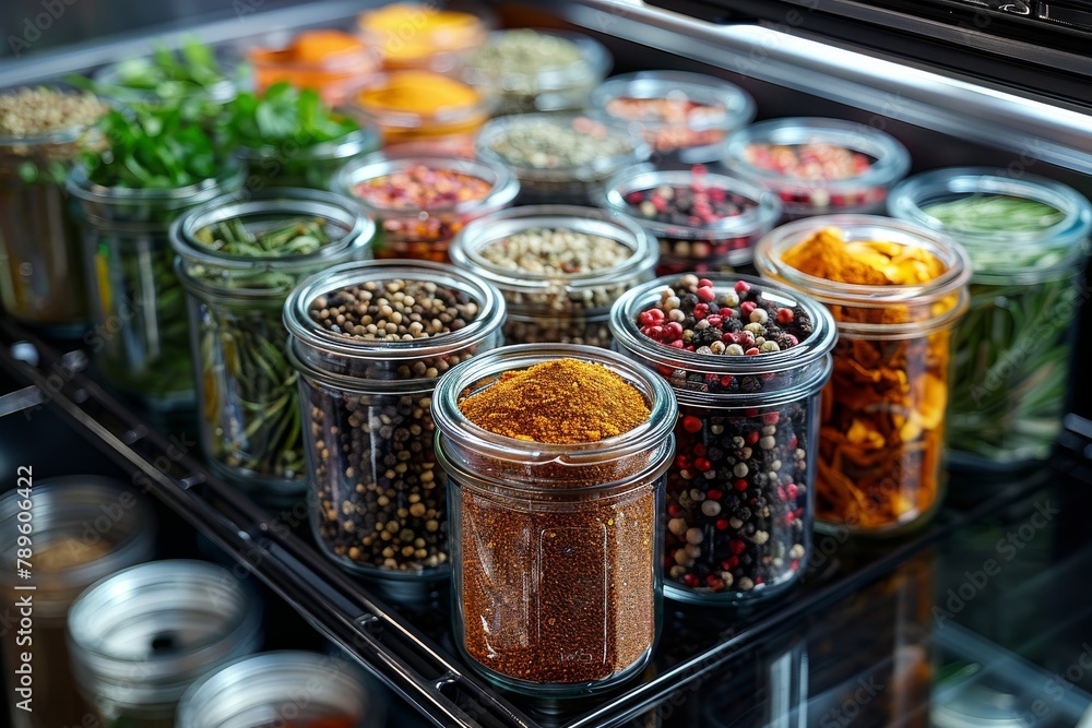 Poster this colorful image presents an array of spices in clear jars neatly organized on a modern kitchen s