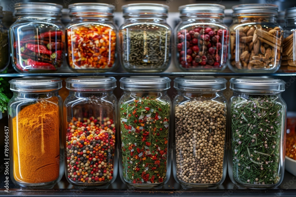 Poster multiple glass jars filled with diverse spices displayed on a shelf in a well-ordered kitchen settin
