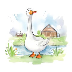 Farm Goose, Farm goose waddling around a rustic barnyard setting