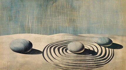 Fototapeta na wymiar Nostalgic wallpaper scene with a tranquil Japanese Zen garden featuring raked sand and stones
