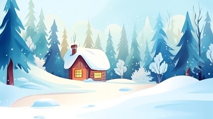 Forest Cabin, Cozy cabin tucked away in a snowy forest, warm lights