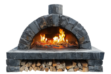 Arched stone pizza oven with firewood and flames isolated on transparent background. Traditional cooking and outdoor barbecue concept.