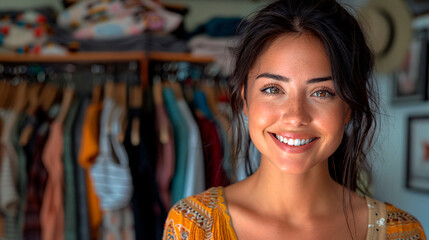 20s hispanic woman, saleswoman in clothing store with racks of clothes in the background 