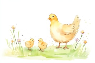 Obraz na płótnie Canvas Hen with Chicks, Mother hen with fluffy chicks in a sunny, grassy field