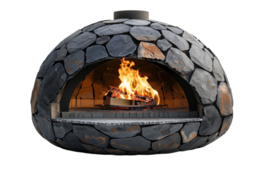Dome-shaped stone pizza oven with fire isolated on transparent background. Rustic culinary equipment and outdoor dining concept