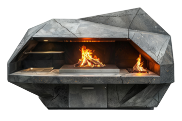 Futuristic polygonal stone barbecue with dual fire areas isolated on transparent background. Modern outdoor living and design-forward grilling concept