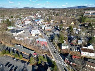 aerial view of main street in new paltz, new york (college university town) hudson valley, near shawangunk ridge, travel tourism destination small village (campus, restaurants, bars, downtown)