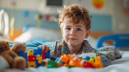 Courage in Recovery: Young Boy with Toys in Hospital Bed. Generative ai